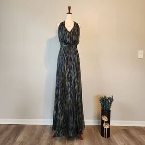 HALSTON HERITAGE | Waterfall Silk Chiffon Halter Dress Size 4 Emerald Green Boho
